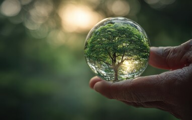 Crystal sphere holding a tree, sunlit