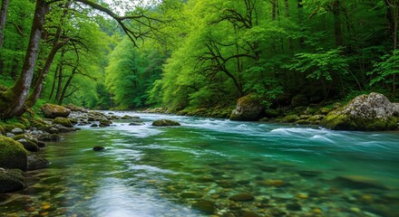 Obraz premium A pristine turquoise river flows through a lush green forest with mossy rocks on the banks.