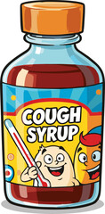 Cartoon cough syrup bottle with thermometer and smiling germ characters