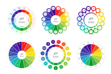 PH value Scale. Set of Color charts with pH level. Scale indicator for litmus paper test. Vector illustration isolated on white background.