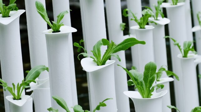 Lettuce seedlings grow in a hydroponic system with vertical white pipes showing fresh green leaves in individual holders