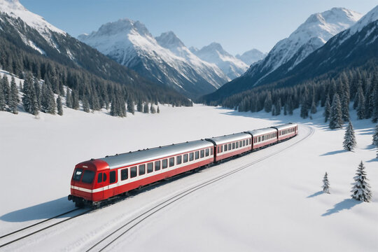 Modern red train traveling through a snowy mountain landscape