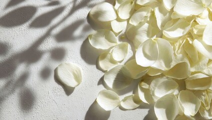 White rose petals scattered, light shadow