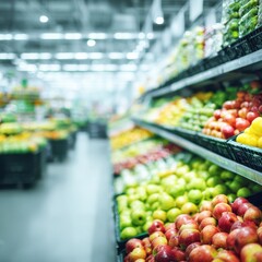 Grocery store produce aisle, colorful fruits and vegetables