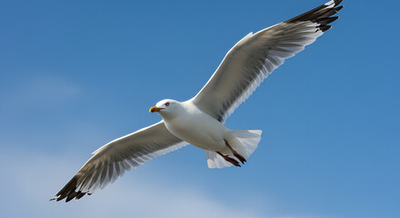 A seagull soaring in a vibrant blue sky