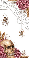 Skulls, burgundy roses, dry branches, dried flowers, brown feathers, cobwebs and spiders frame story. Watercolor gothic illustration. Suitable for Halloween and Day of the Dead. Isolated