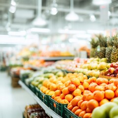 Fresh produce displays in a bright supermarket aisle