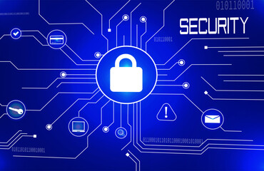 Abstract Technology Security Background with Padlock Icon and Circuit Grid – Cyber Defense Art