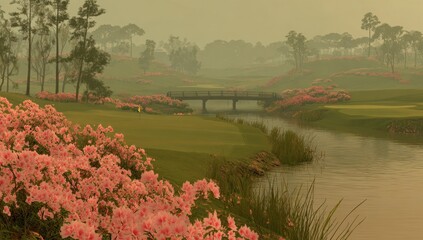Misty golf course with azaleas