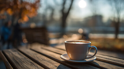 Obraz premium A steaming coffee cup on a table, peaceful morning in the park