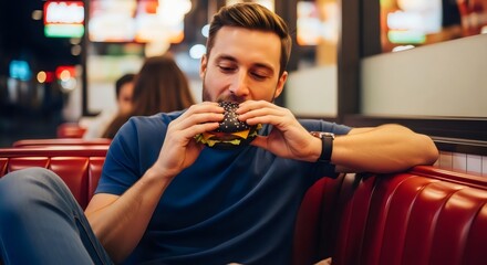 Night Bite Man Eating Black Burger in Diner