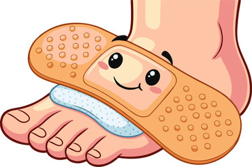 Cartoon Foot with Adhesive Bandage Featuring a Smiling Face Illustration