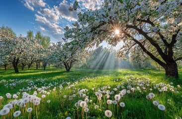 Sunbeams through blossoming trees in a meadow