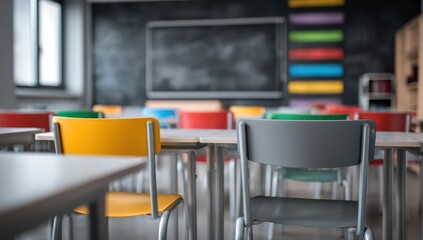 Empty classroom, desks and chairs in various colors, chalkboard