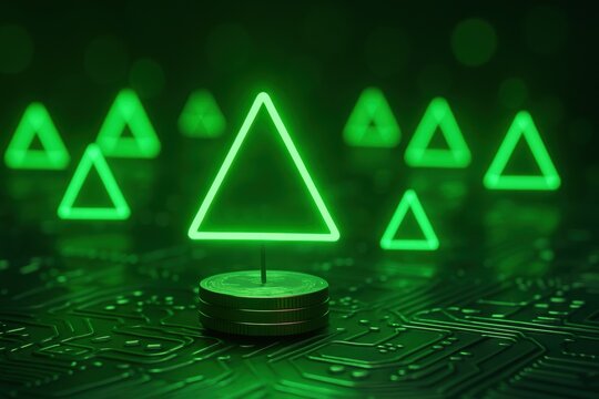 Business carbon credit. Green neon triangles on a circuit board with coins, representing digital finance and technology.