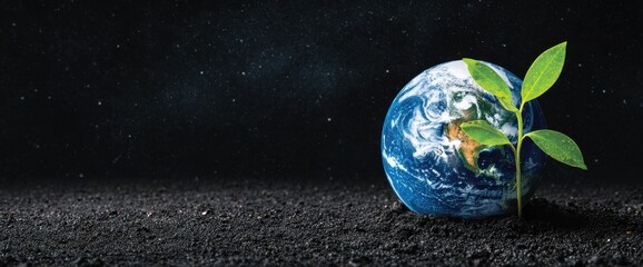 Earth with a seedling growing in soil, dark background