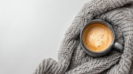 Warm coffee in a grey mug, nestled in a knitted blanket