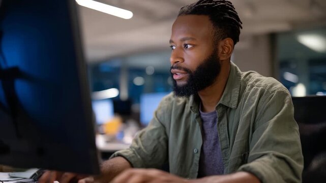 This image depicts a focused man engaging with his computer in a modern office, highlighting productivity and concentration in a contemporary work environment.