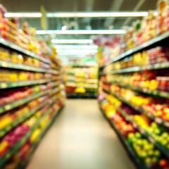 Blurred supermarket aisle filled with produce