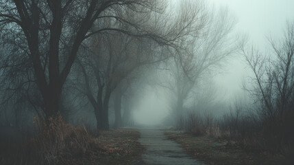 Fototapeta premium Foggy forest path with bare trees and dry grass creating mysterious and eerie atmosphere in early morning light