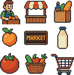 Market icon set, pixel art, eps 10 illustration