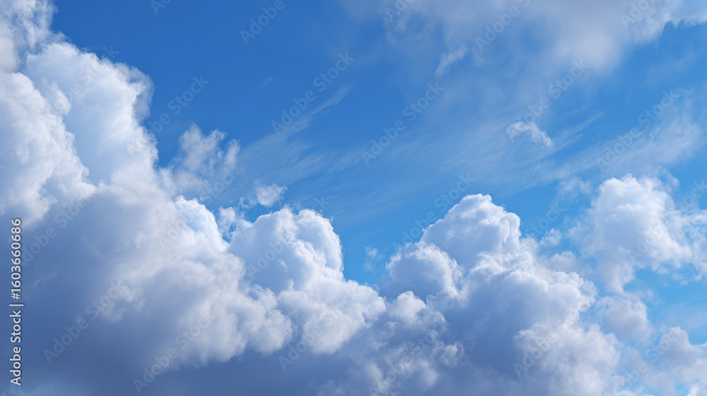 Poster fluffy white clouds float in bright blue sky, creating peaceful and serene atmosphere with soft ligh