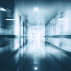 Blurred hospital hallway, light at end