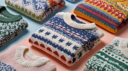 Fototapeta premium Colorful folded winter sweater with festive pattern on pastel background, cozy warm knitwear for cold season comfort and style
