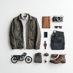Laid-back, stylish male outfit, accessories, motorcycle