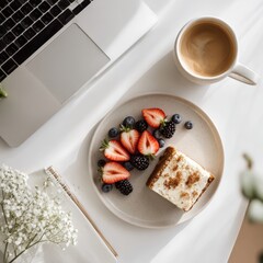 Fresh coffee, cake, and fruit on a desk