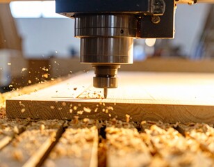 This image captures a close-up of a CNC milling machine actively working on a wooden piece in a professional workshop. The cutting tool is in motion, shaping the wood with precision, while fine wood p