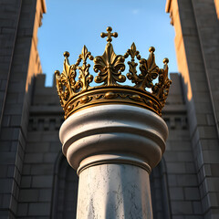 Ornate golden crown awaits its rightful king on a marble pedestal in the courtyard of the castle grounds. JPEG, 3.7MB, 12x12in, 3600x3600px, 300p/i