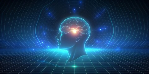 Obraz premium Luminous blue silhouette of a human head representing ai and consciousness with glowing neural pathways.