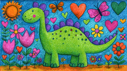 Cute green dinosaur with purple spikes surrounded by colorful flowers, hearts, and butterflies in cheerful crayon drawing style