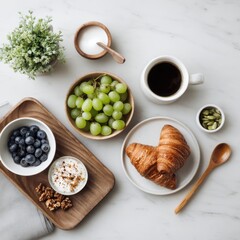 A healthy breakfast spread on marble