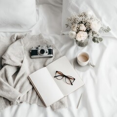 Cozy bedroom scene with camera, sweater, notebook, flowers, and coffee