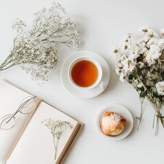 White tea, book, flowers, pastry