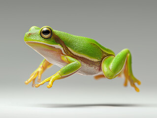 Obraz premium frog, jump, rain, green, amphibian, animal, nature, tree, tree frog, isolated, wildlife, white, macro, frogs, leaf, small, closeup, treefrog, toad, tropical, eye, cute, colorful, tree-frog, reptile, 