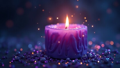 Burning Purple Candle with Sparkles and Bokeh Lights on Dark Surface