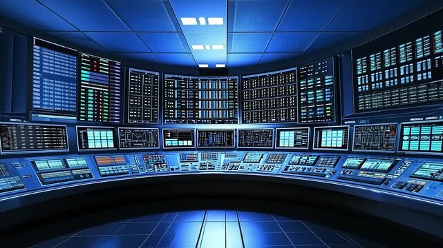 Futuristic Control Center Simulation: Advanced Technology Hub Display Visuals