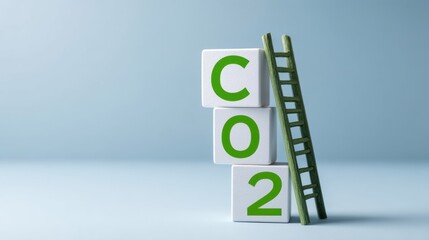 Business carbon credit. Blocks displaying CO2 with a ladder symbolize carbon emissions and environmental challenges.