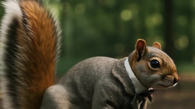A squirrel in a tweed suit stands in a forest