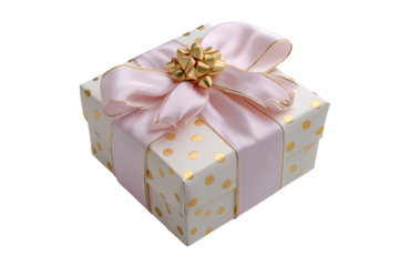 Square gift box, pale cream with gold polka dots, tied with a pink satin ribbon bow