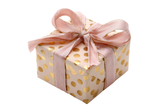 A small, square gift box, adorned with a pale pink ribbon bow and gold polka dots on a light beige background
