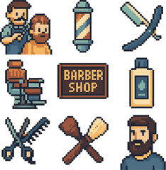 Barbershop icon set, pixel art, eps 10 illustration