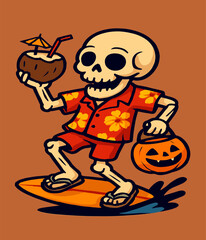 Funky skeleton in flip-flops dances with a coconut drink, wearing a Hawaiian shirt and holding a jack-o'-lantern bag.