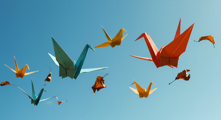 Colorful origami cranes and leaves in a clear blue sky