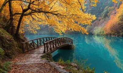 Fototapeta premium Autumnal lake vista with wooden bridge