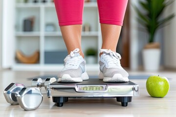 Close up of person standing on digital scale with dumbbells and green apple nearby