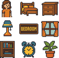 Bedroom 1 pixel art, eps 10 illustration